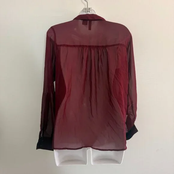 Full Tilt Sheer Burgundy Button-Down Blouse | Size M - Picture 3 of 10